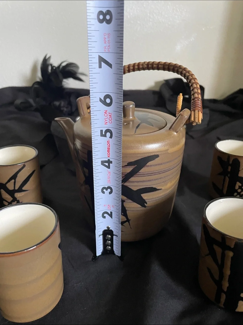 Vintage Brown Ceramic Teapot Set with Bamboo Handle & Cups - 7-Piece